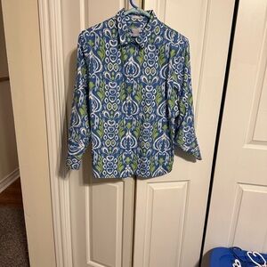 Chico's Blue, White & Green Floral Scroll Button-Up Shirt